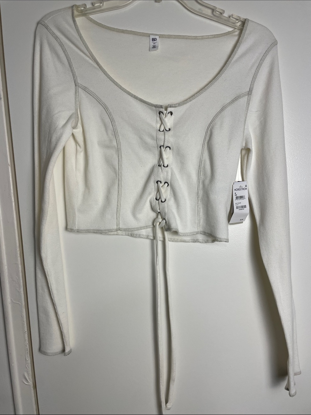 bp Cream Lace-Up Long Sleeve Cropped Top